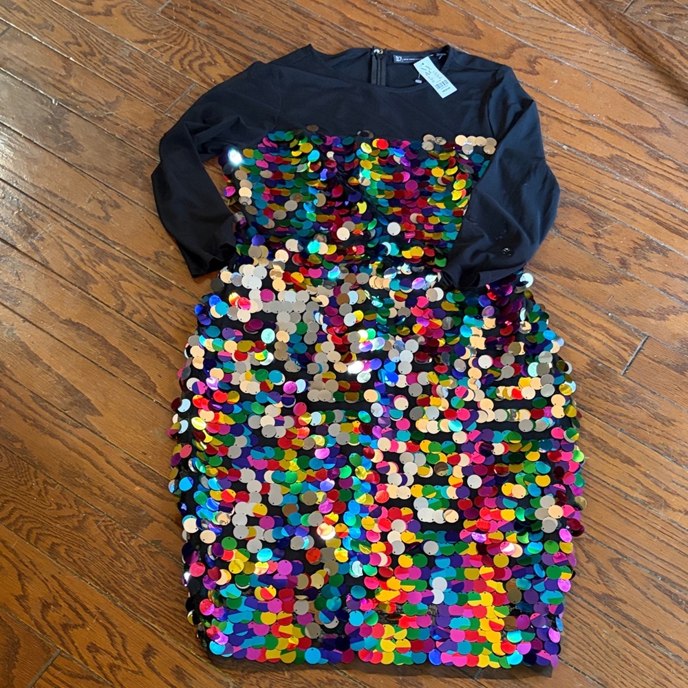 New York & Company Black Long-Sleeve Dress with Rainbow Sequins - Picture 1 of 6